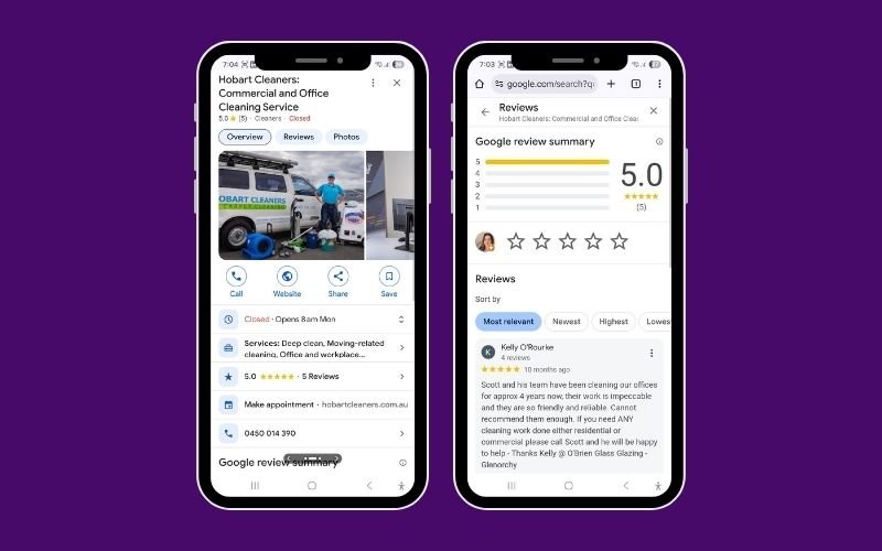 A mobile phone screen displaying a 5-star Google Business Profile review, illustrating the importance of local reputation for SEO Hobart strategies