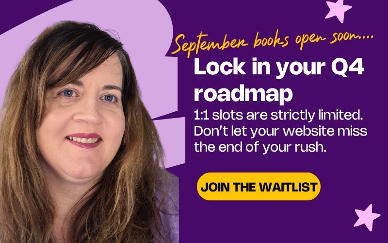 Authentic brand portrait of Ruth Slade beside a lavender call-to-action box inviting e-commerce store owners to join the digital marketing roadmap waitlist for September.