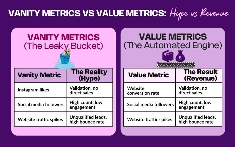 A clean two-column infographic comparing a leaky bucket of vanity metrics to an automated engine of value metrics to build a real small business marketing plan.